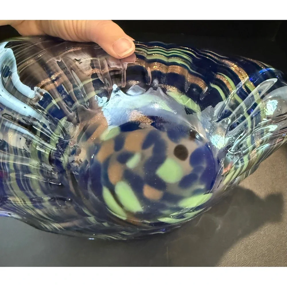 Art Glass Conch Shell Bowl Blue Green Gold Aventurine Swirl Murano Style 13